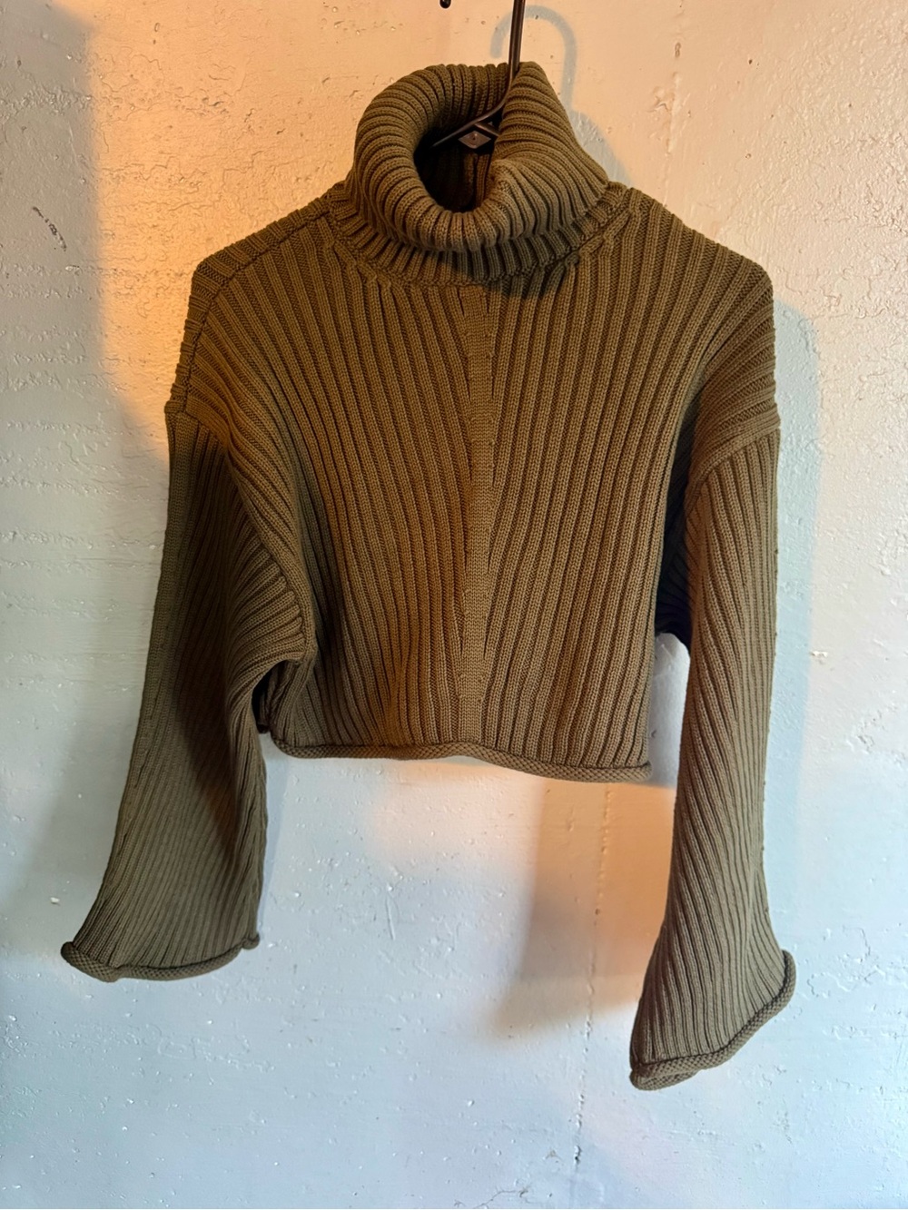 Zara Olive Ribbed Turtleneck Cropped Sweater